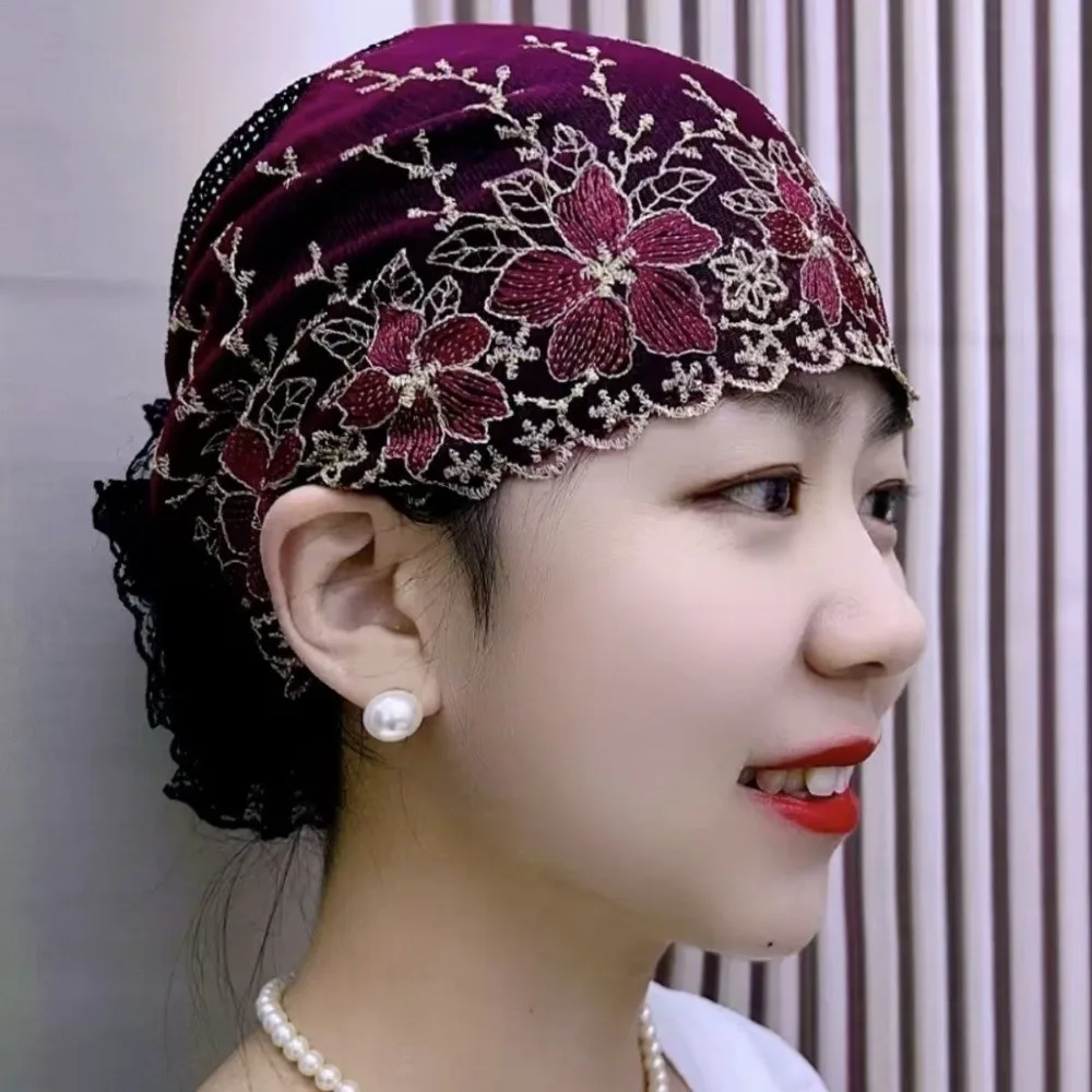 Soft Beauty Lace Curling Hat Embroidered Flowers Polyester Elastic Curly Hair Hat Brimless Beanie Solid Color Elderly Beauty Cap