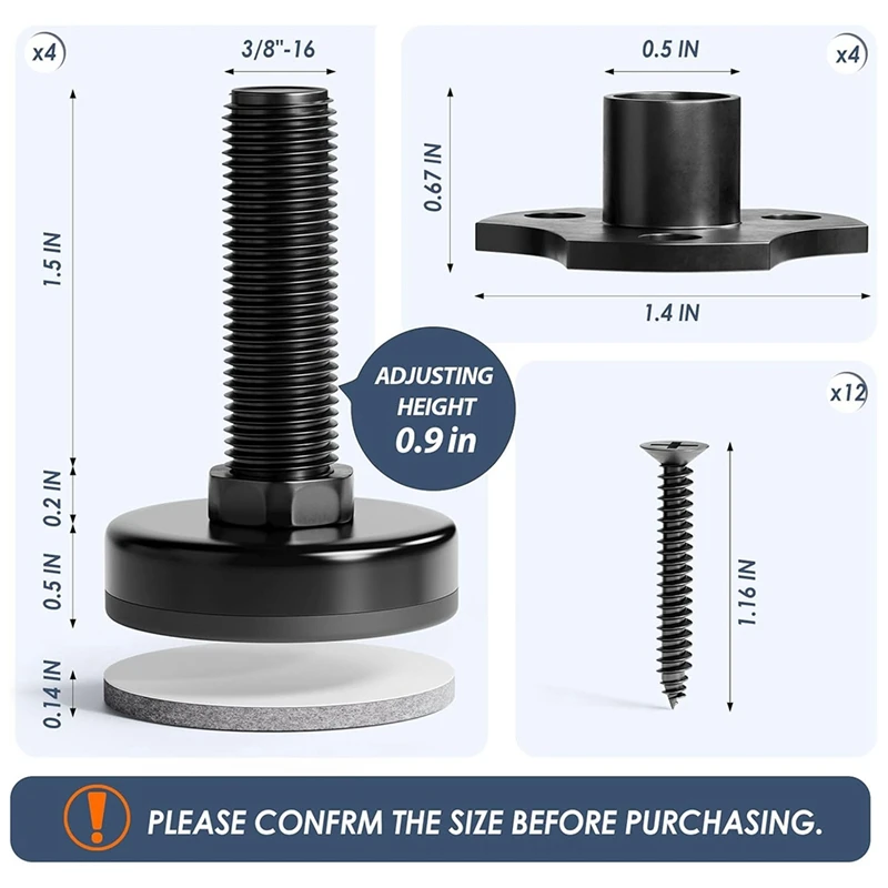 Pies niveladores ajustables en caliente, Kit de tuercas en T de rosca de 3/8 pulgadas-16 pies de mesa niveladores de muebles, niveladores de patas de alta resistencia