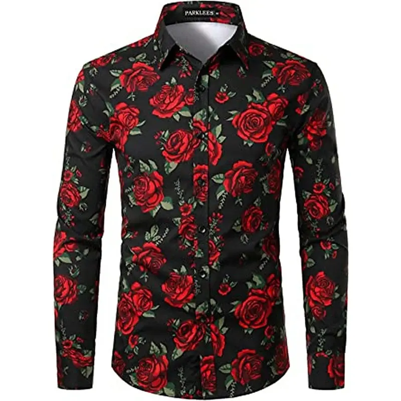 Men\'s shirt floral red rose 3D print outdoor street long sleeved buckle printed clothing fashion design casual and breathable