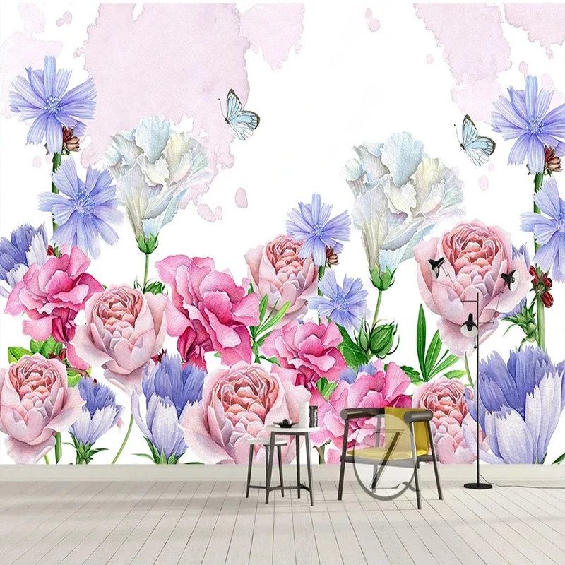 カスタムサイズ壁画ヨーロッパのピンクの花手描き壁紙リビングルーム寝室の装飾自己粘着防水-3d
