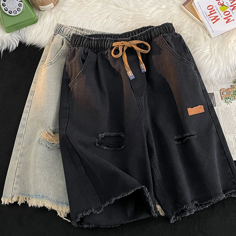 

Summer Ripped Denim Shorts Elastic Waistband Lace-up Men shorts American Casual Fashion Retro Male Knee-length Jeans
