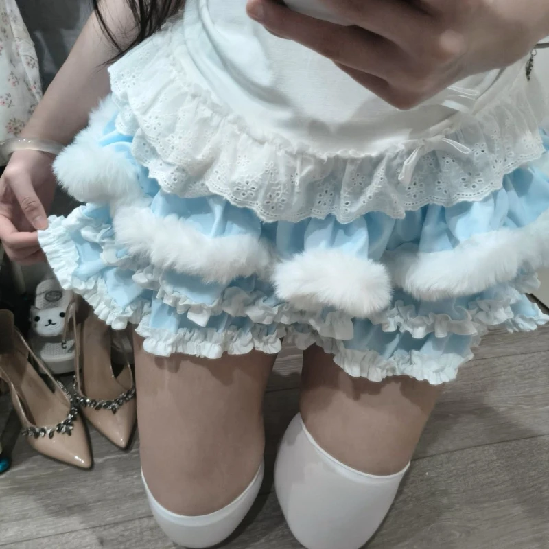 Pretty Kawaii Sweet Japanese Blue High-waist Short Skirt Fashion Cute Patchwork Lint Cake Skirts Women Design Solid Lovely Skirt