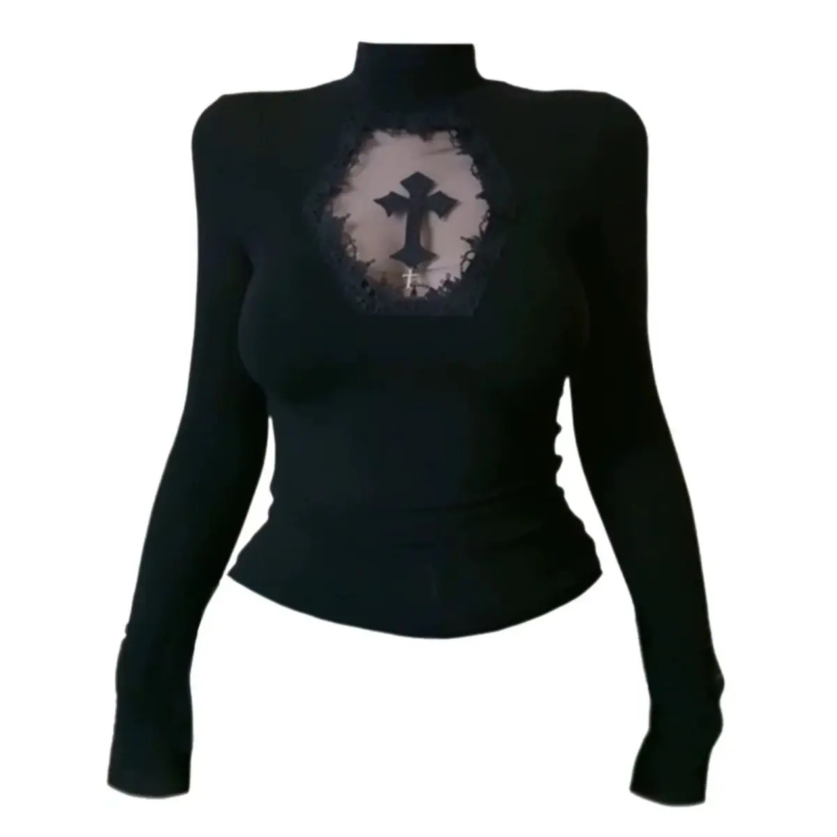 Sexy Woman Y2k Clothing Goth Cross Hollow Out Tshirt Slim Punk 2000s Hot Girl Lace Long Sleeves High Collar Harajuku Vintage Top