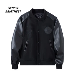 Spring And Autumn Baseball Suit Pu Faux Leather Jacket Men American Vintage Wool Wool Jacket Mosaic Embroidered Jacket Men