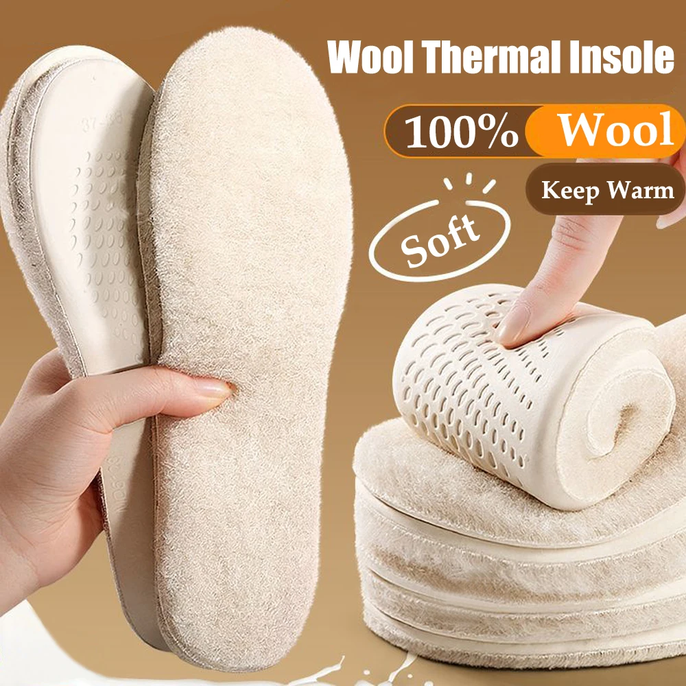 Genuine Wool Insoles for Shoes Man Woman Soft Latex Shock-absorbing Insoles Thick Fleece Warm Insoles Winter Boots Inner Soles