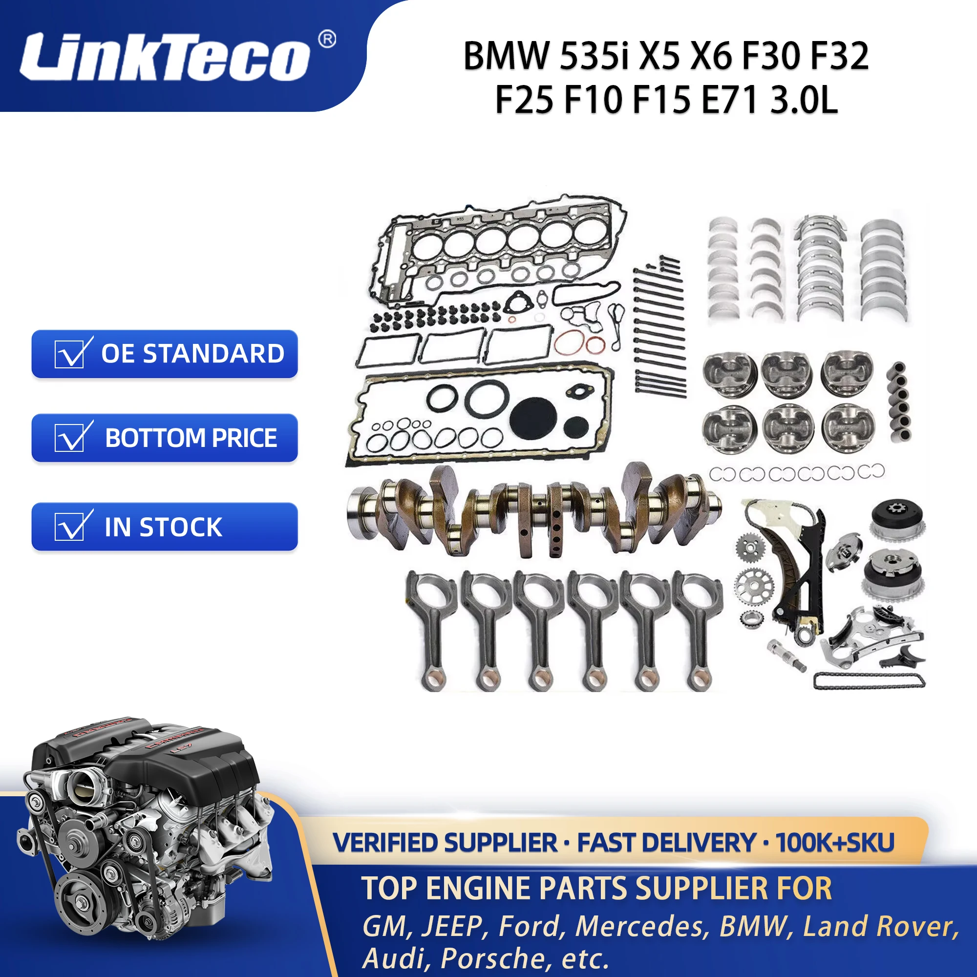 Linkteco Overhaul Rebuild Set Timing Chain Kit Con Rod Crankshaft for B MW 535i X5 X6 F30 F32 F25 F10 F15 E71 3.0L N55B30