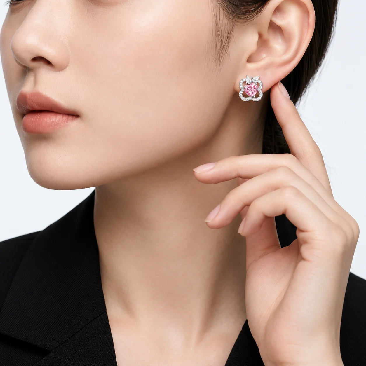 Pink Heart Moissanite Stud Earrings S925 Sterling Silver 18K White Gold Plated Floral Halo Wedding Gift for Women