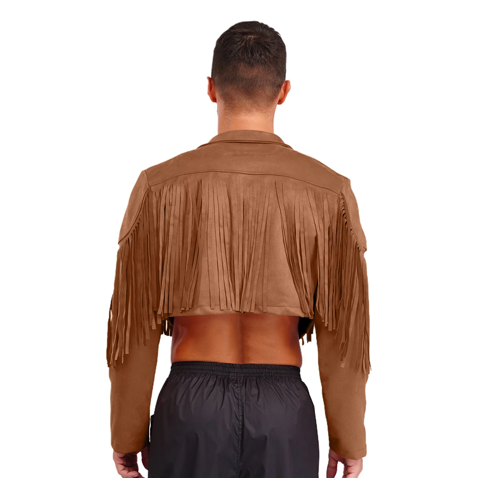 Mens Vintage Fringe Faux Suede Cropped Jackets 80s Hippie Western Cowboy Costume Lapel Long Sleeve Open Front Cardigan Clubwear