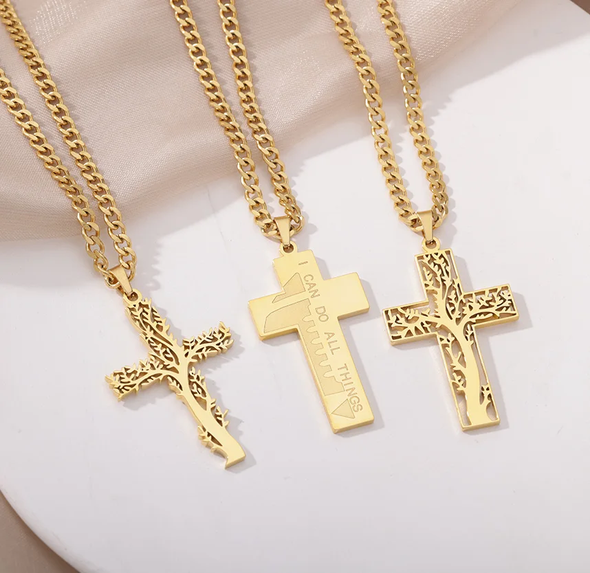 Edelstahl Baumstamm Kreuz Form Halsketten Für Frauen Schwarz Farbe Halsband Kreuz Halskette Ästhetischen Schmuck Geschenk