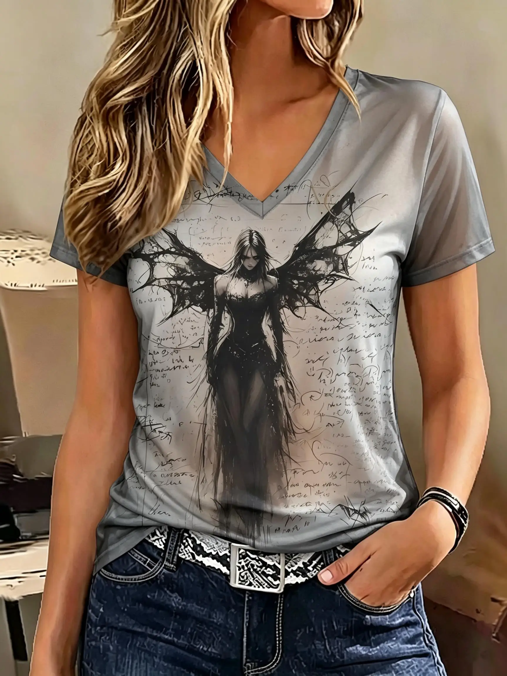 Women V‑Neck Short Sleeve T‑Shirt Gothic Dark Angel Raven Vintage Manuscript Print Casual Tee