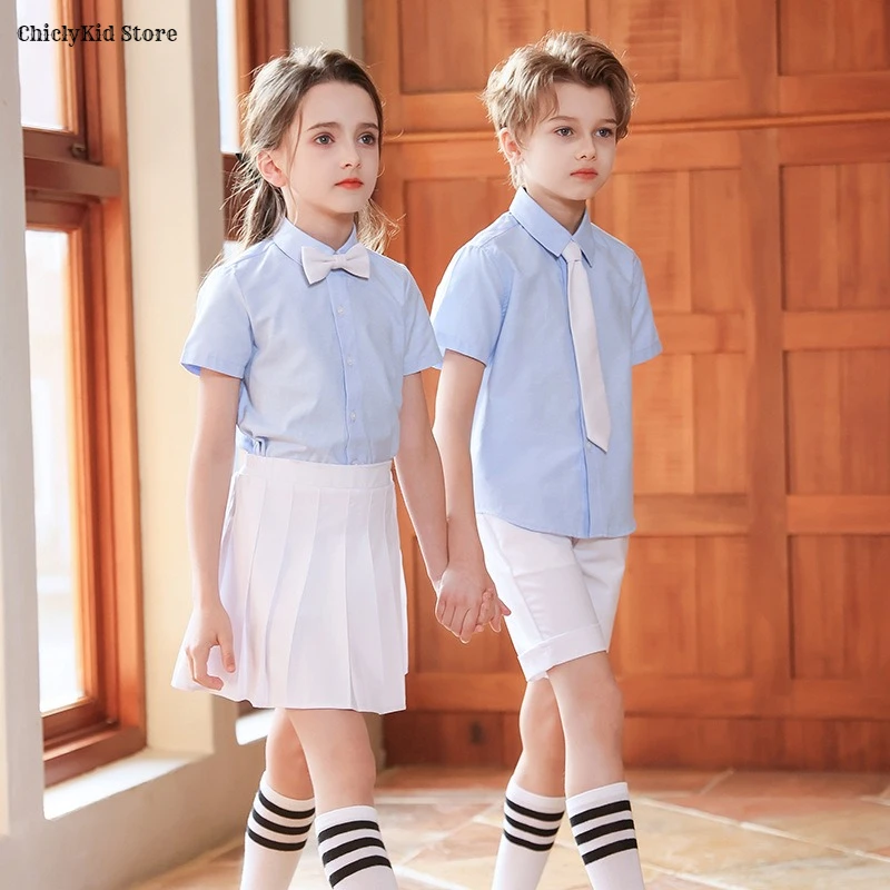Kids School Uniforms Boys Solid Shirt Shorts Girls Blouse Pleated Skirt Children Korean Kindergarten Students Summer Clothes Set