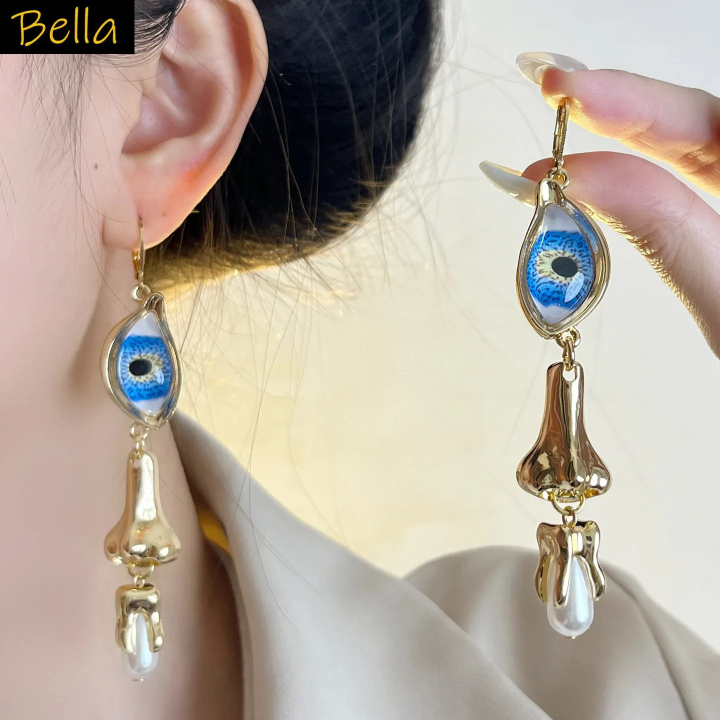 Evil Eye Dangle Earrings for Women Gold Plated Nose Shaped long Drop Earrings with Imitation Pearl Party Jewelry