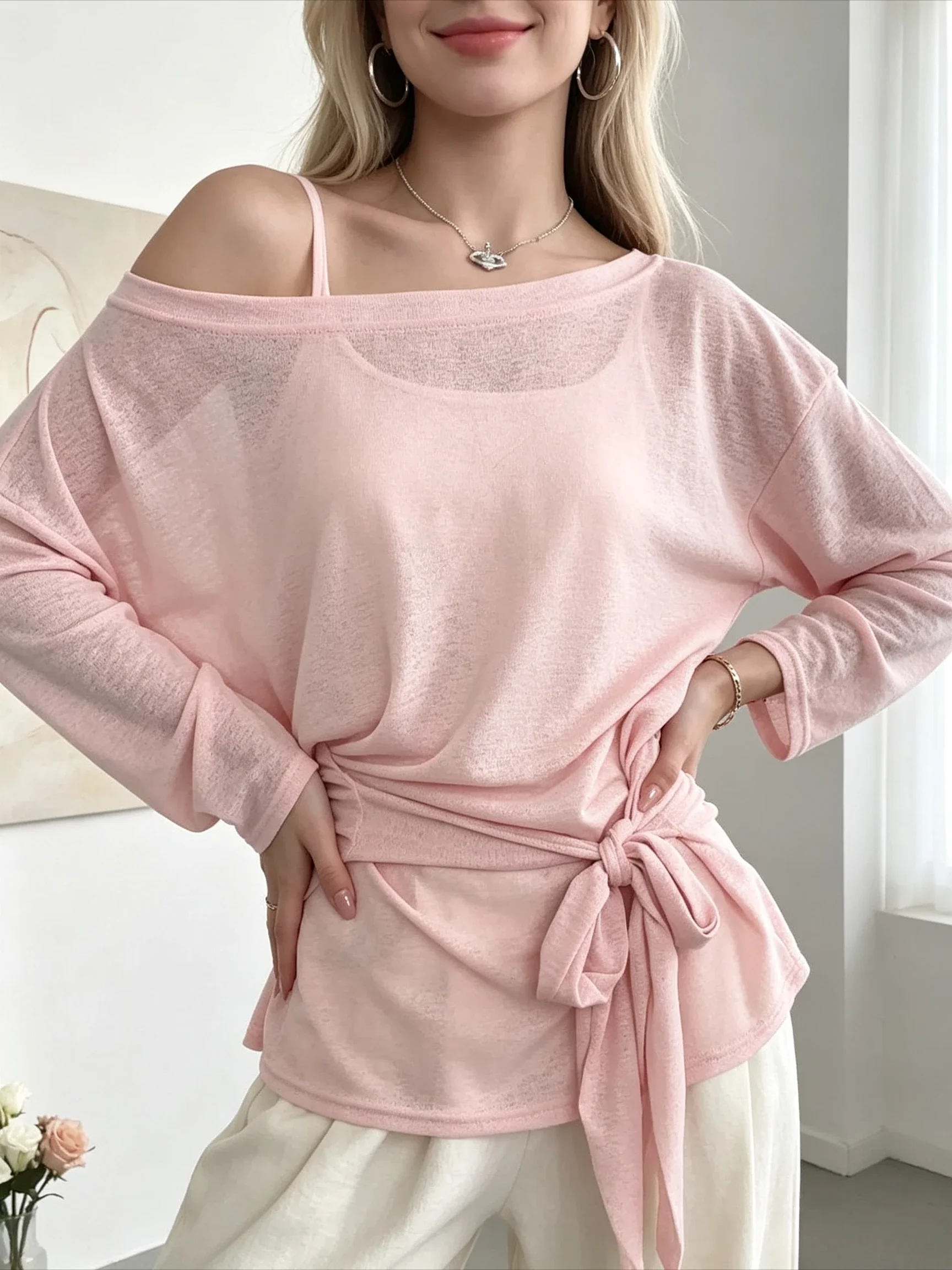 Spring Fall Women Y2K Off Shoulder Top Thin Sheer Long Sleeve Tie Waist Sexy Slim Blouse Casual Dating Versatile Fashion Tee