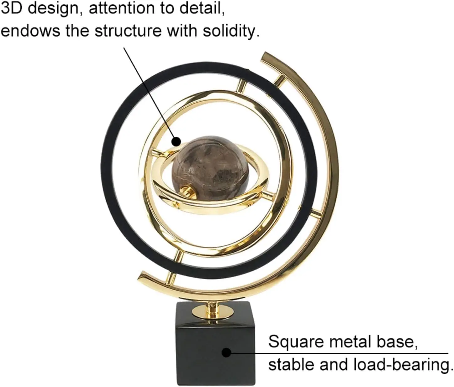 Modern Sculpture Decor Abstract Art Decoration Metal Globe Ornament Living Room Decor with Rectangle Stand Black & Gold