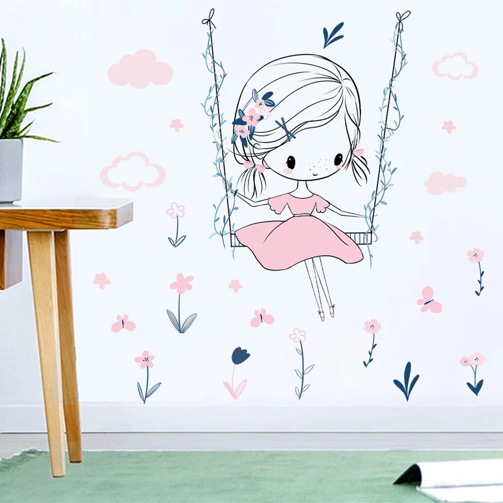 Cartoon Girl Swinging Wall Stickers Kids Girls Room Background Decor Bedroom Home Decoration Wallpaper Self-adhesive Mural