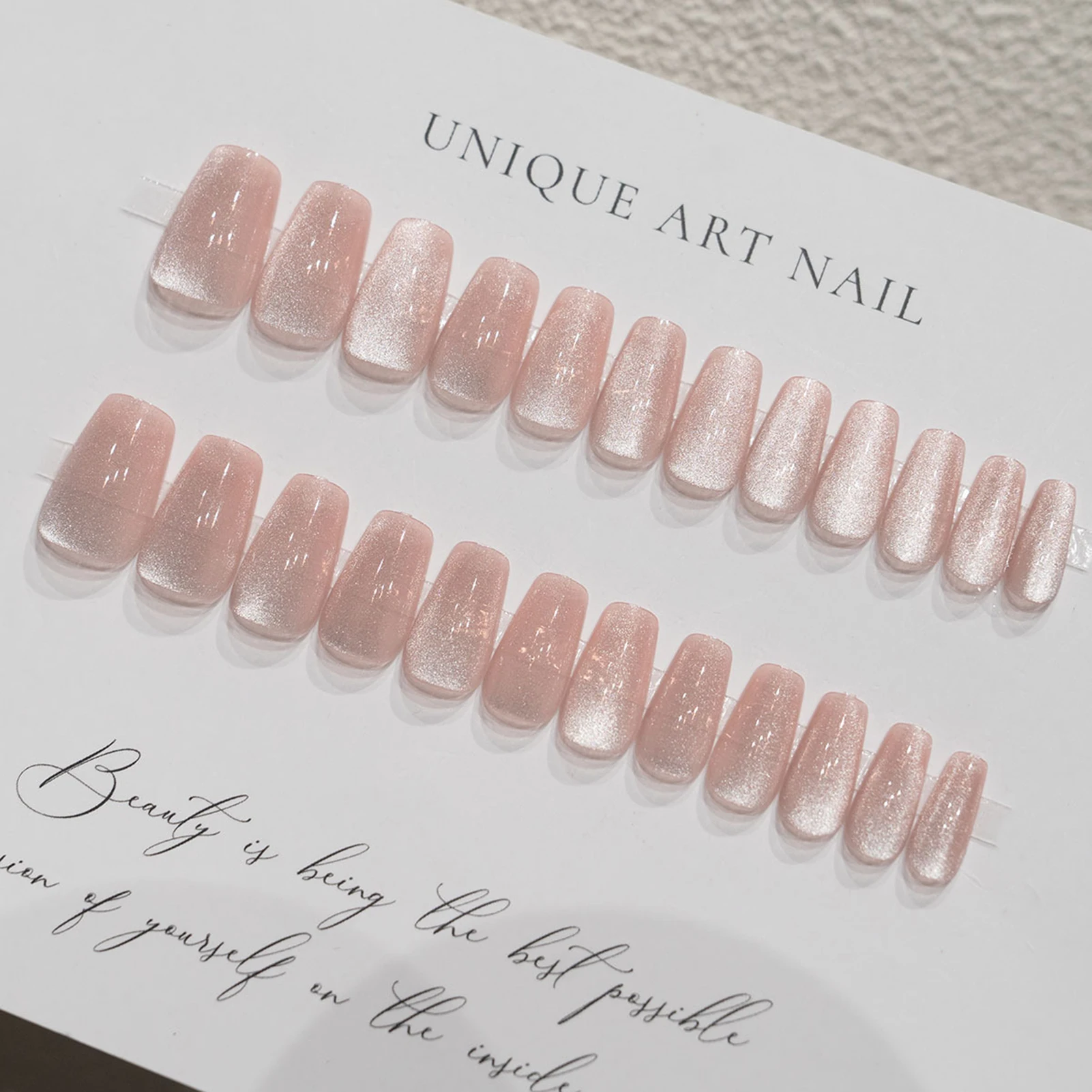 

24pcs Gentle Pink Cat's Eye False Nails Press On Nails Long Ballet Glitter Nails Wearable Coffin Flash False Nails with Designs