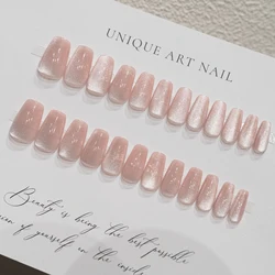 24pcs Gentle Pink Cat's Eye False Nails Press On Nails Long Ballet Glitter Nails Wearable Coffin Flash False Nails with Designs