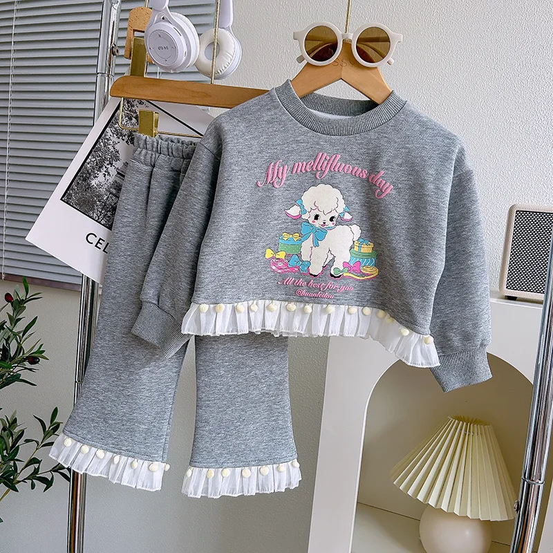 Girls\' Set 2023 Autumn New Lace Spliced Cartoon Long Sleeve Tops Pullover Casual Flare Pants Two Piece Suit 2-7Years Old