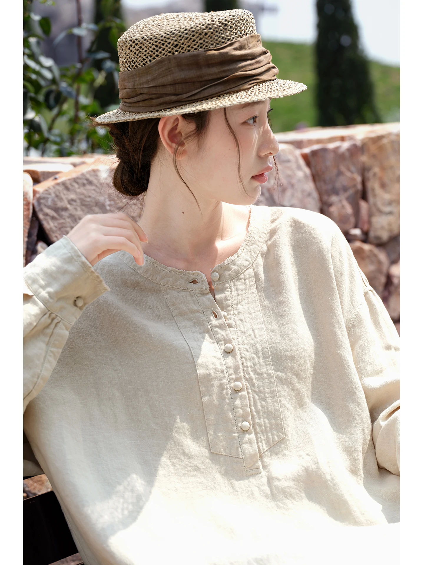 

Elegant Long Sleeve Han Han Shirt Dust Free Wash Raindrop Hemp Women's Summer New Style Clothing Straight Cut Thin Fabric rou...