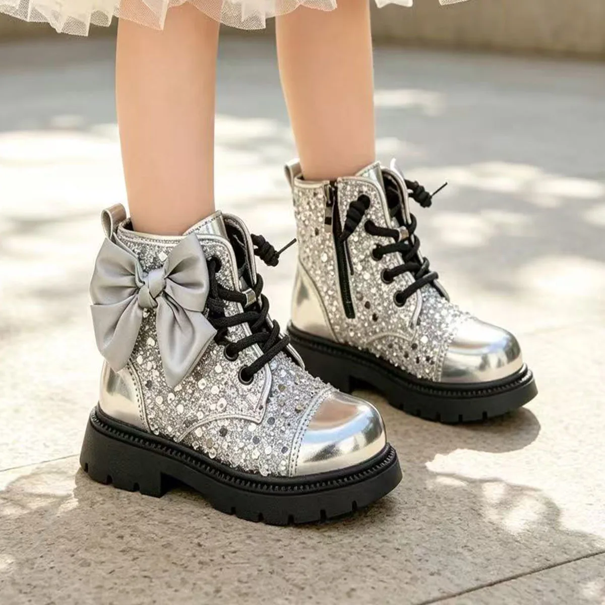 girls ankle boots bowknot glitter kids shoes patent leather lace up zip children 2026 autumn new shoes balck with sliver 26-36