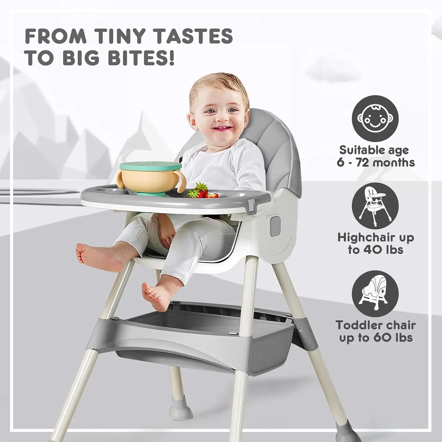 Convertible 4-in-1 Baby High Chair for Toddlers with Removable Tray, Wheels & Safety Belt (Gray)