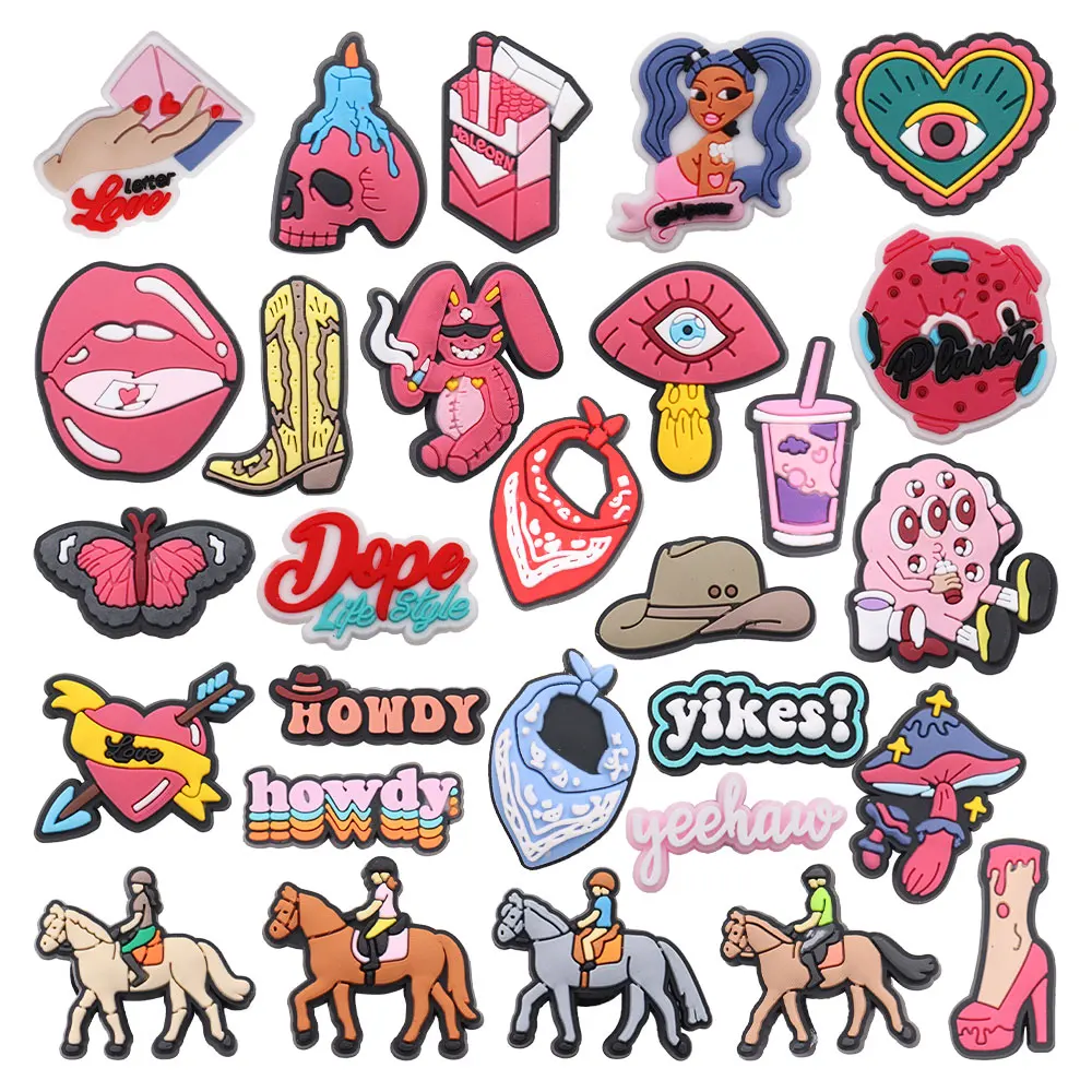 New Arrival 1pcs Love Letter Skull Heart Lips Boots Rabbit Howdy Hat Shoe Charms Garden Shoes Button Decoration Shoe Accessories