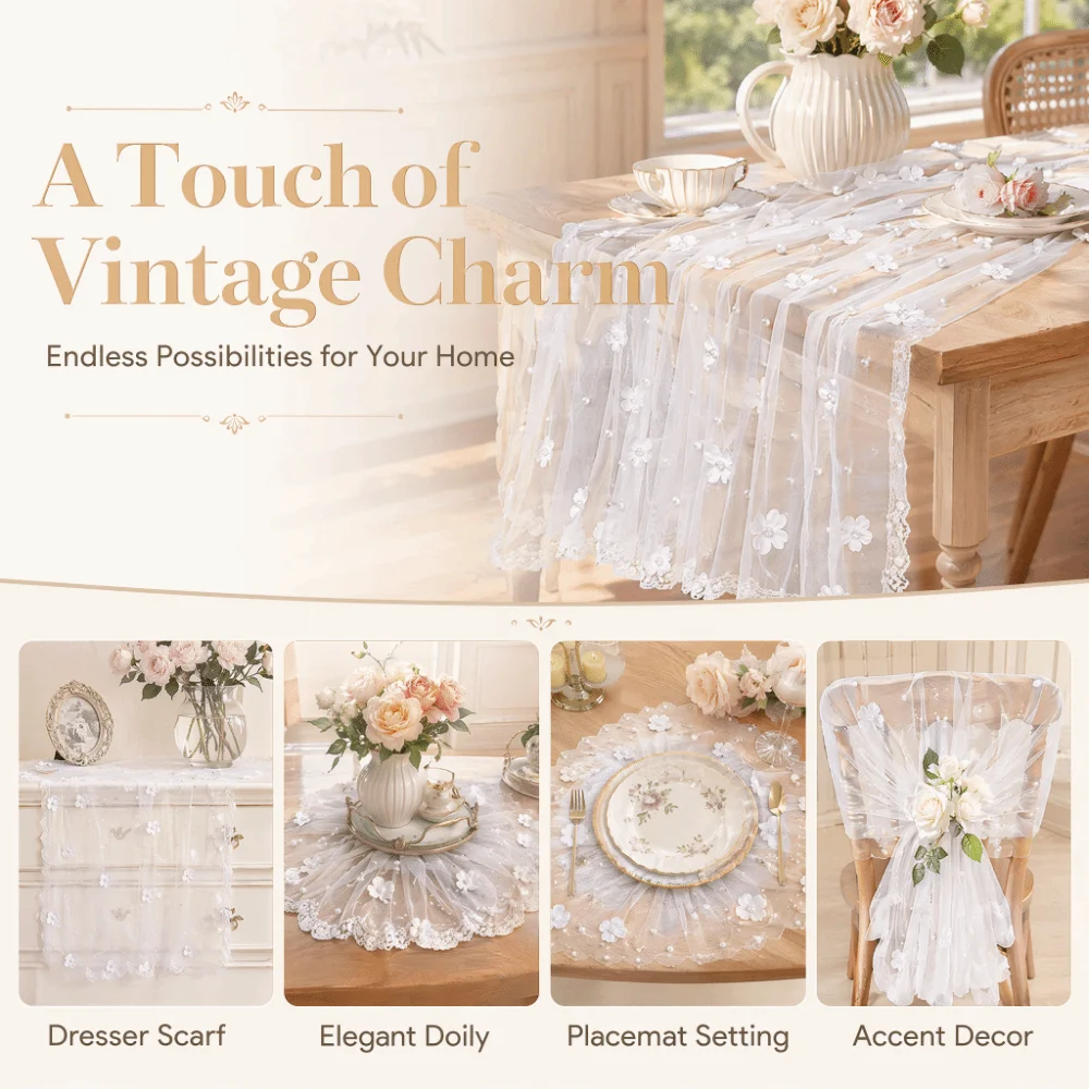 Hollow-out Pearl Tulle Table Runner Semi Transparent DIY Tulle Gauze Table Cloth 200x80cm Floral Pearl Tulle Fabric‌ Table Cover