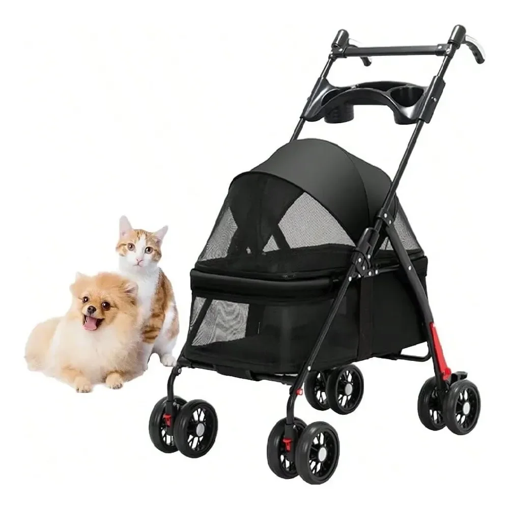 

Space Pet Dog Cat Cart Cat Cart With Foldable Dog Cat Cage Jogging Trolley With Storage Basket And Cup Holder, 4 Wheels For Med