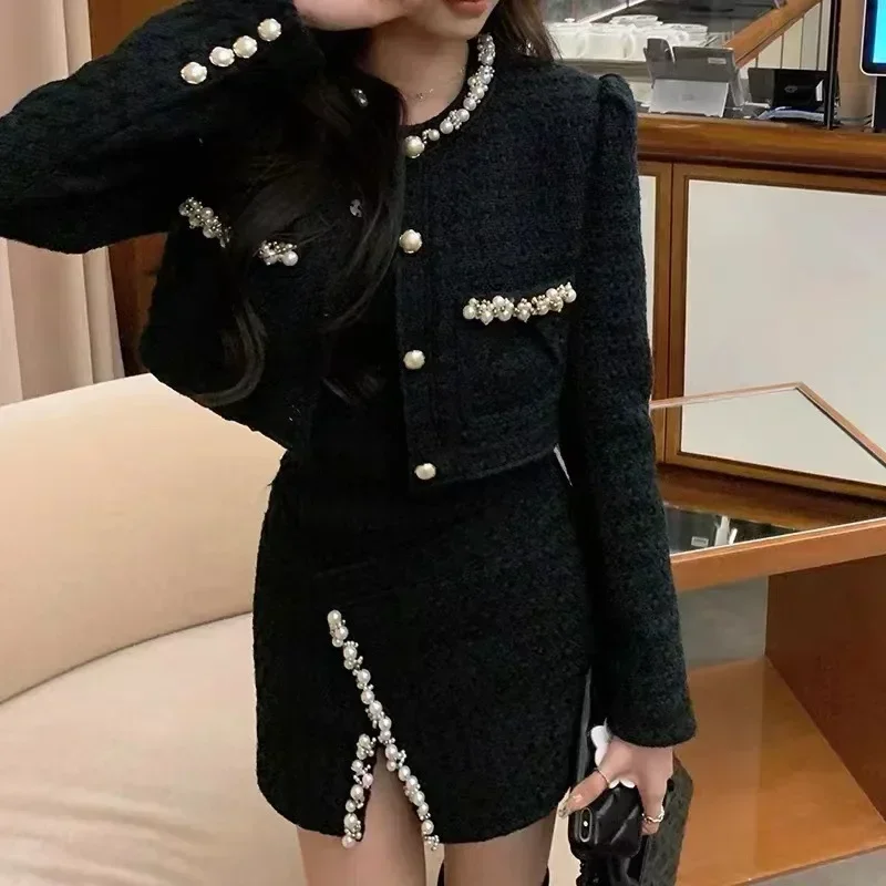 2024 Fall Winter Women Long Sleeve Beading Pearls Button Pockets Jacket Mini A-line Tweed Skirt Two Piece Black Skirt Sets