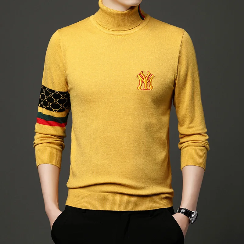 Autumn and Winter Men's Turtleneck Thick Sweater Young and Middle-Aged Fashionable Knitted Bottoming Shirt Embroidered Sweater