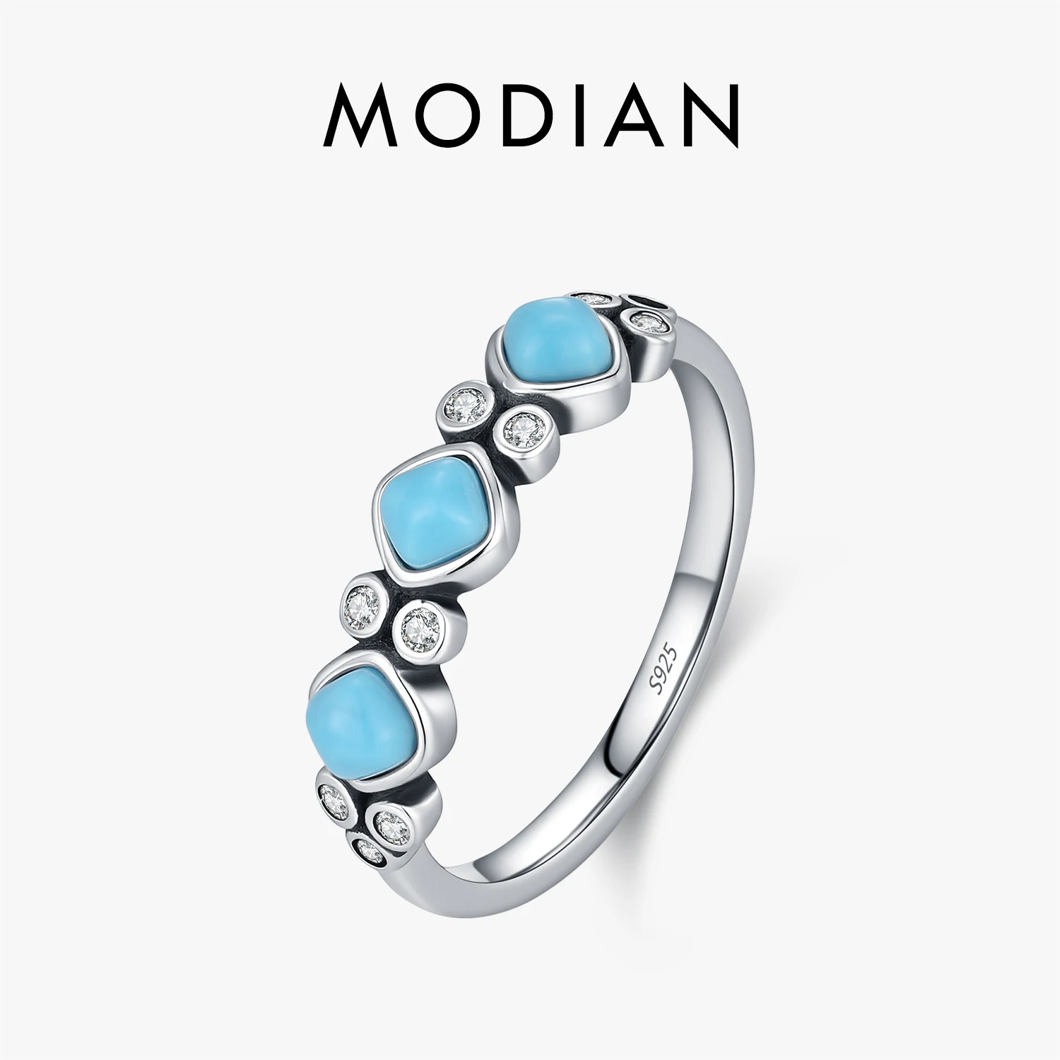 MODIAN 925 Sterling Silver Vintage Exquisite Geometric Turquoise Stackable Finger Rings For Women Party Fine Jewelry