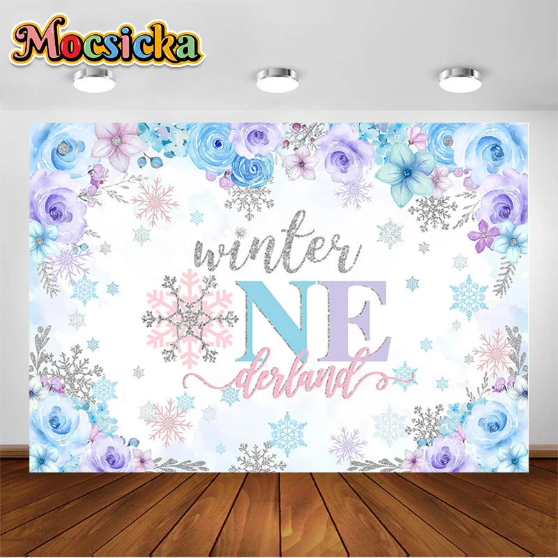 

Mocsicka Onederland Backdrop Children 1st Birthday Party Decoration Girl Pink Silver Winter Wonderland Snowflake Backgounds