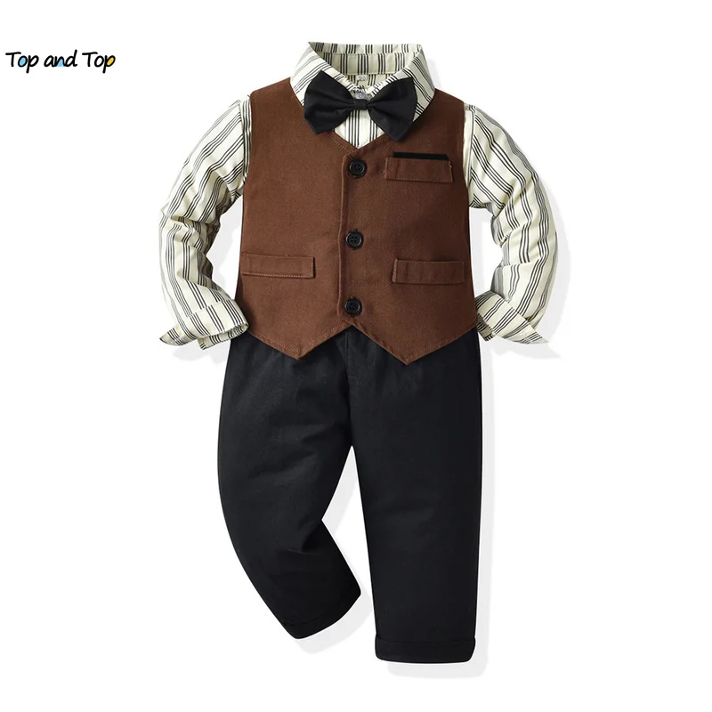 top and top Kids Boy Gentleman Clothing Set Long Sleeve Formal Shirts Tops+Vest+Trousers 3Pcs Outfits Little Boys Casual Outfits