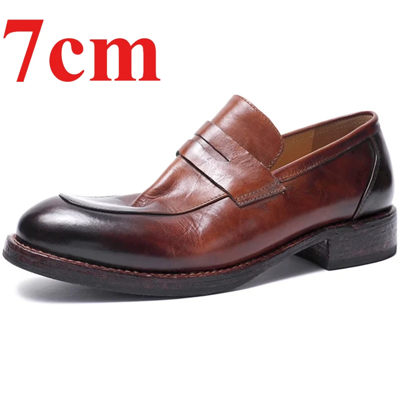 

Мужские лоферы из коровьей кожи в британском ретро-стиле, коричневые, с эффектом потертости, на танкетке 7 см, для бизнеса, дышащие, удобные, увеличивающие рост