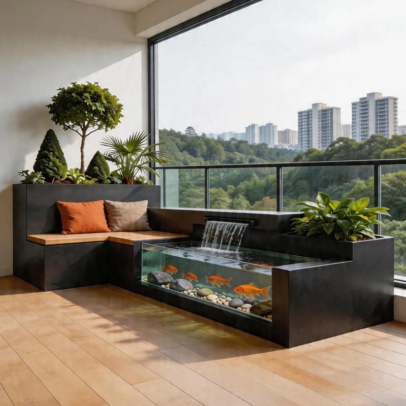 Aluminum alloy balcony creative flowing water fish tank flower box combination, floor-to-ceiling tempered glass terrace