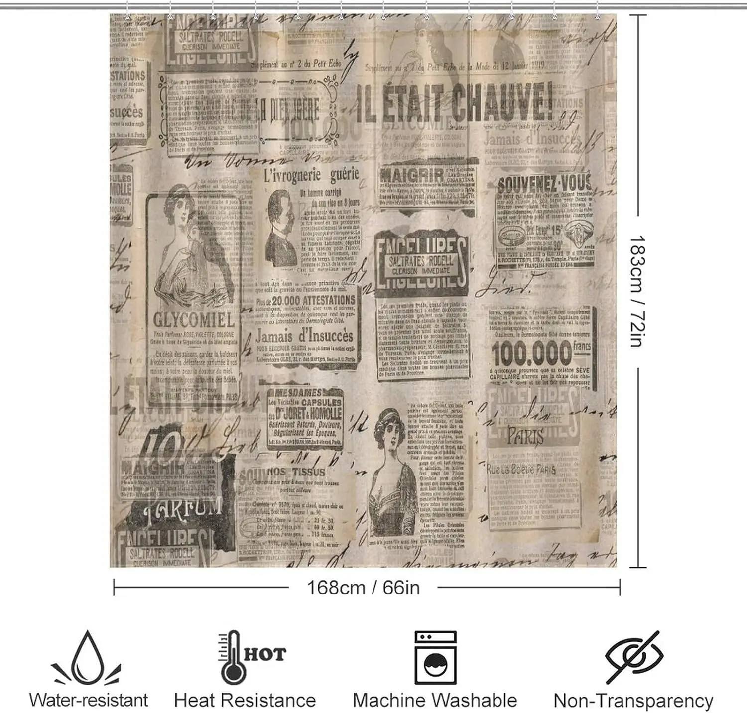 Newspaper Vintage Shower Curtains for Bathroom, Retro Yellowed French Art Old Historic Journal Paper Lettering Print Decor Bath