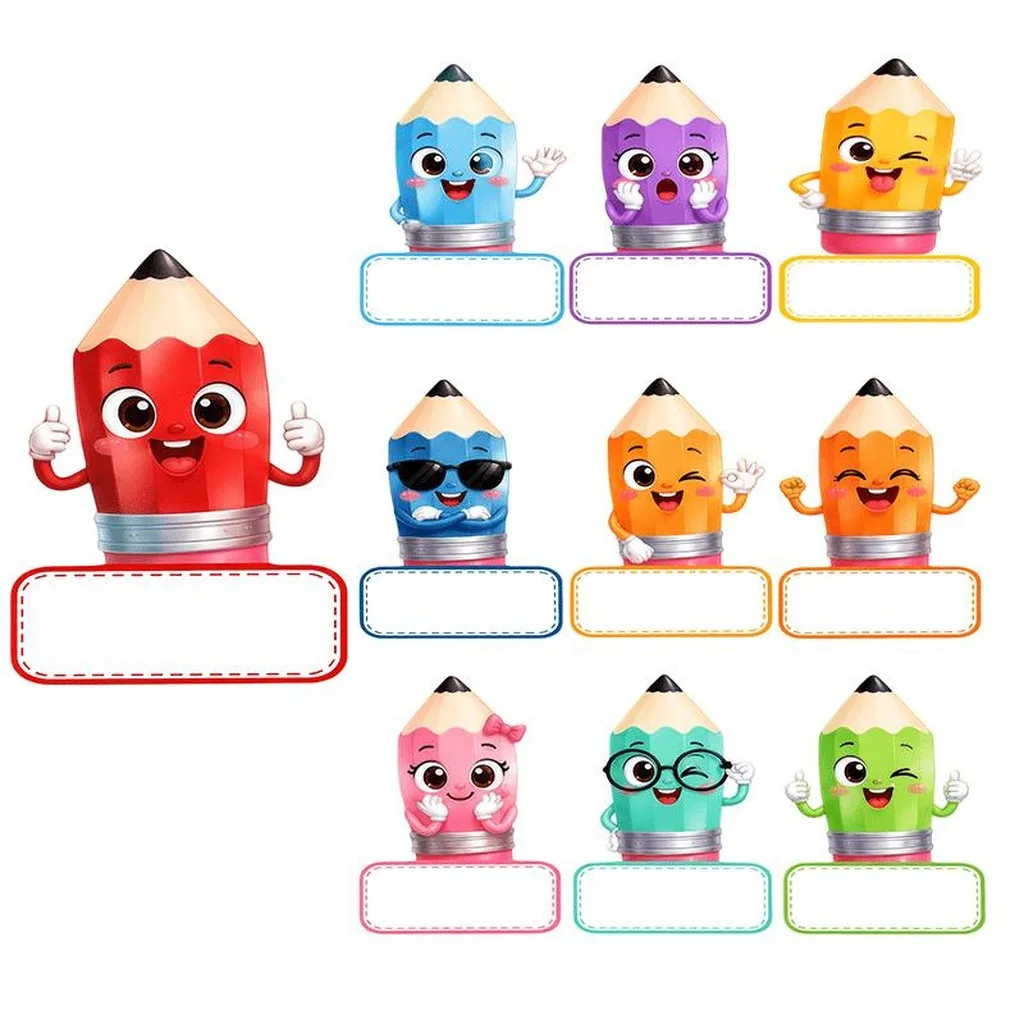 10pcs Cartoon Pencil Shaped Blank Name Stickers Handwritable Name Labels For Kids School Stationery Lunch Boxes Notebooks