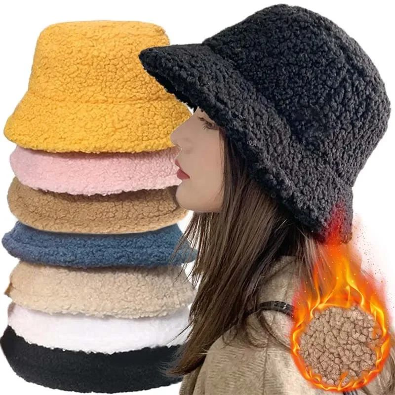 NEW Lamb Wool Bucket Hat Winter Warm Letter Hats For Women Lady Thicken Flat Top Cap colors solid Panama Outdoor Fisherman Caps