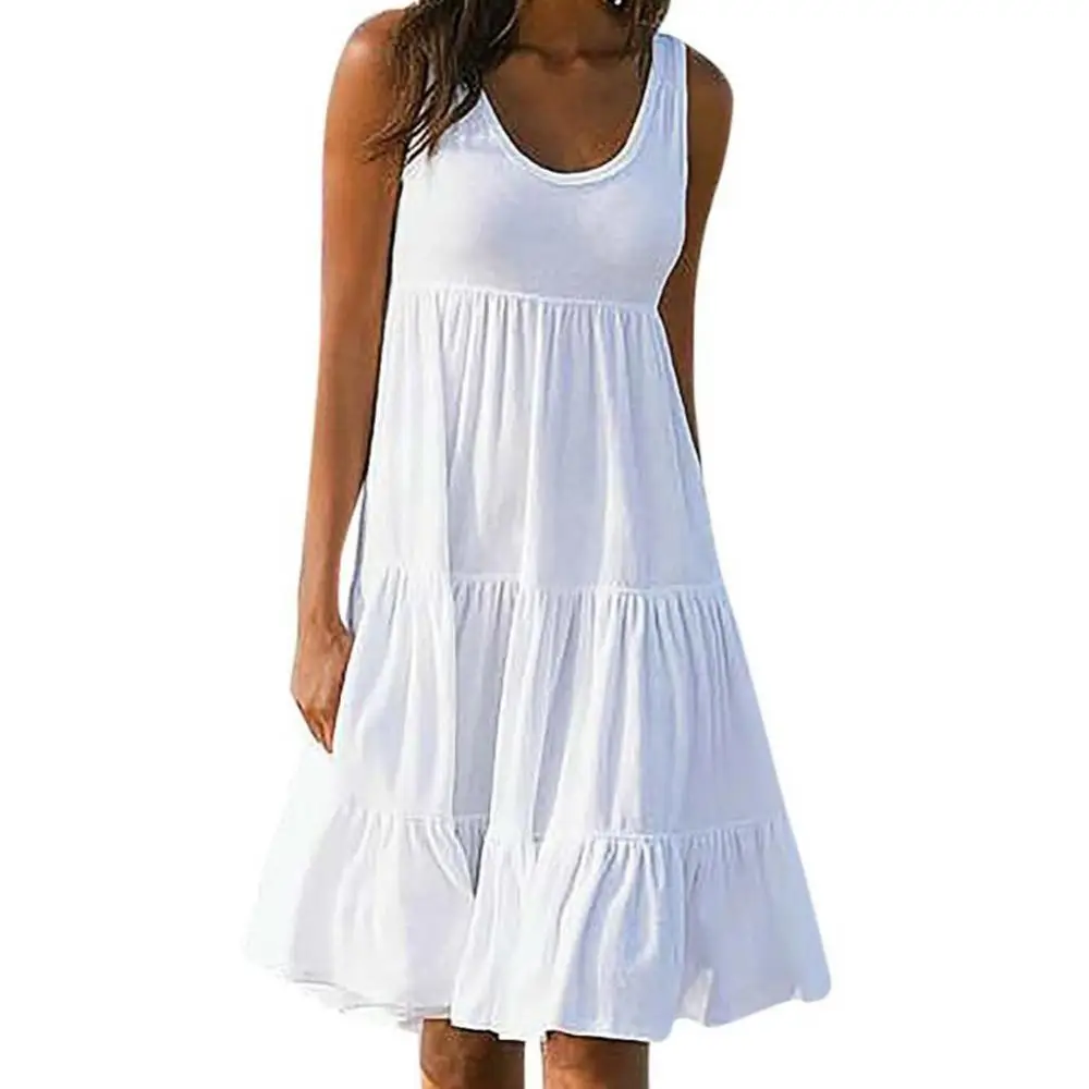 فستان نسائي بدون أكمام مطوي على شكل حرف A ، فتحة رقبة دائرية ، أحادي اللون ، مقاس كبير ، غرز