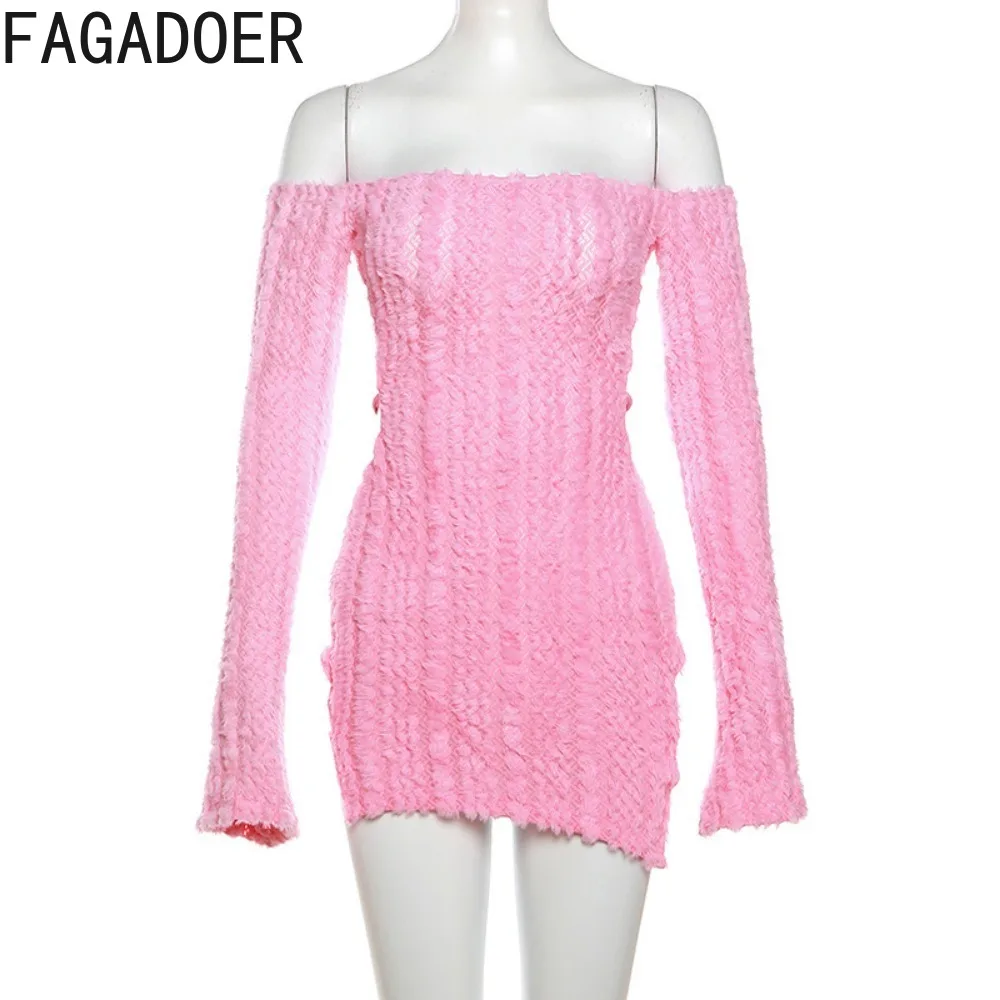 FAGADOER Summer New Solid Knitting Ruched Off Shoulder Dresses Women Backless Long Sleeve Hollow Slim Vestidos Fashion Clothing