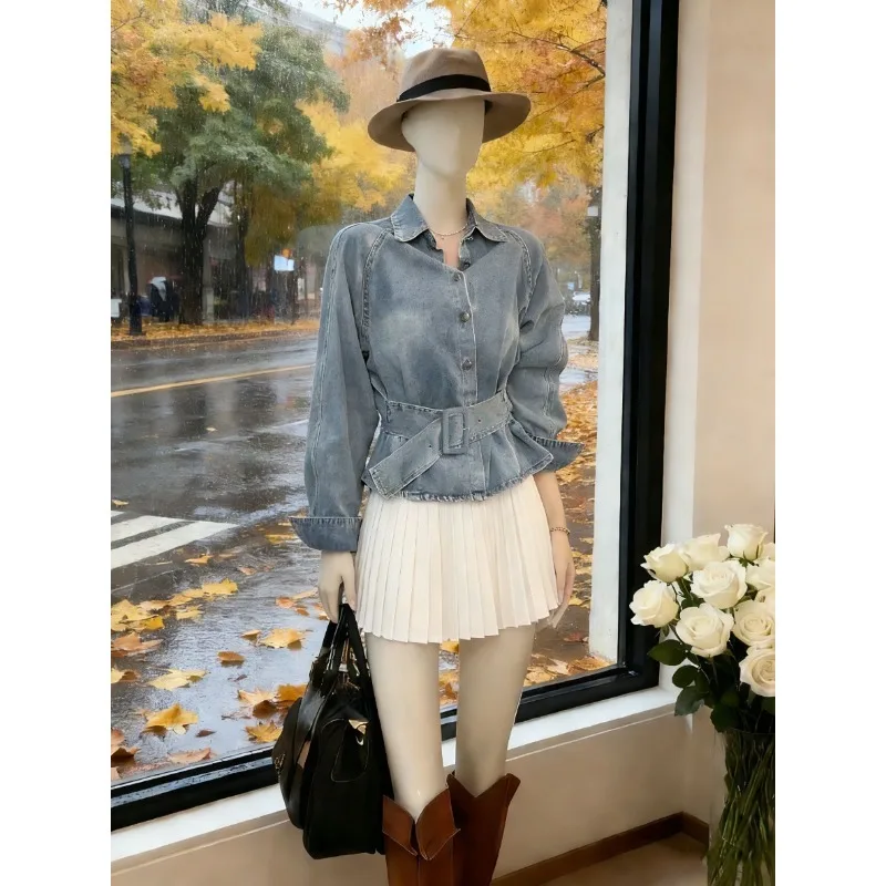 

Vintage Women's Denim Shirt Waist Belt Spring Fall Long-Sleeve Design Tie Detail Slim Short Jacket Harajuku Jackets for Women