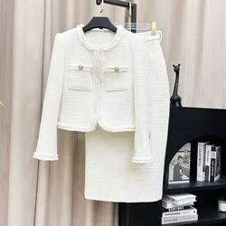 White Professional suit tweed jacket + skirt spring / autumn  women's Coat Business ladies 2 piece skirt sets