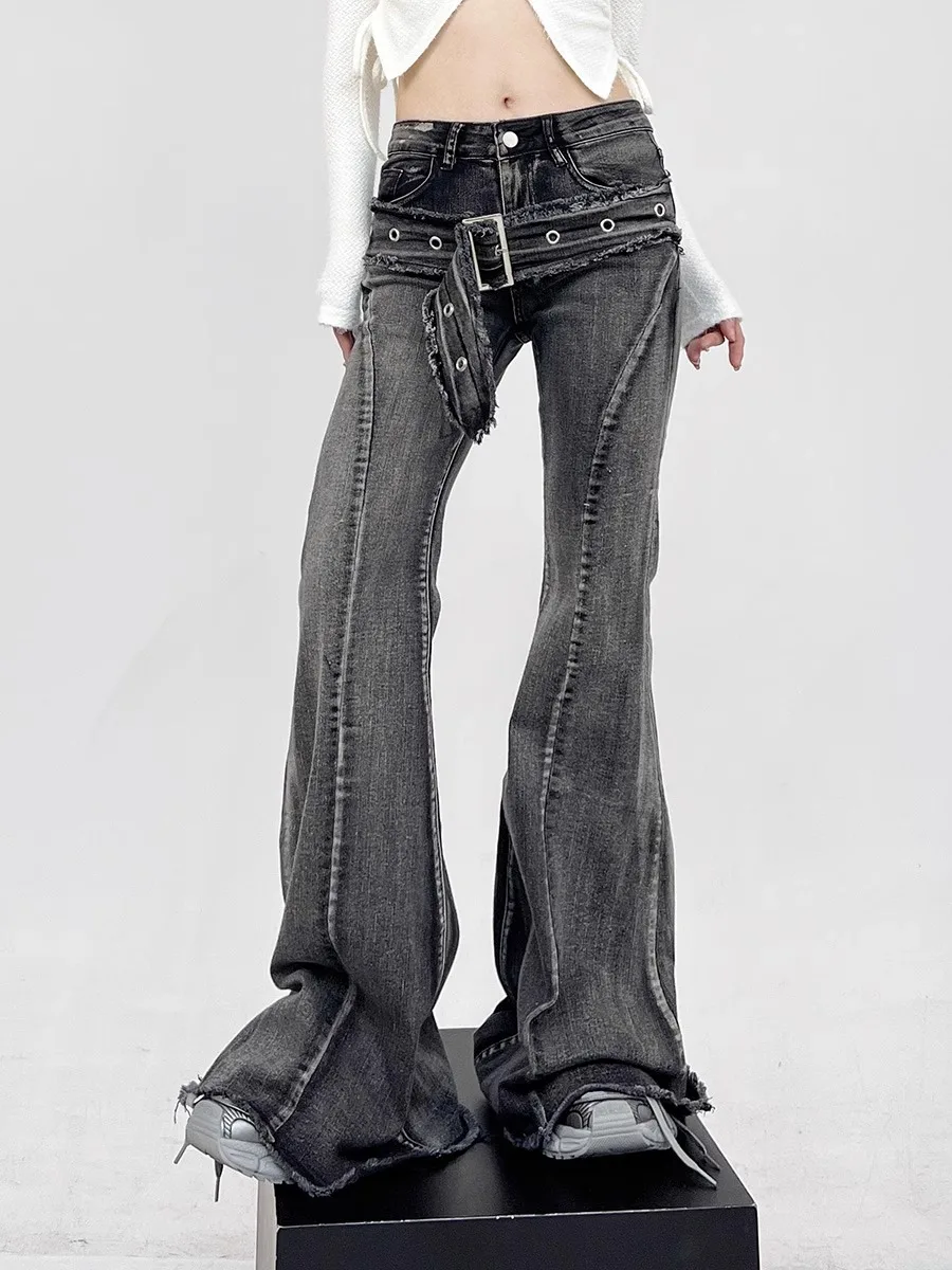 2000S Women Belt Splicing Design High Waist Bell-bottom Pants Vintage American Street Slim Flare Jeans Female Straight Trousers