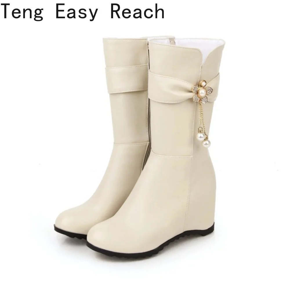 Women's White Mid-Calf Snow Boots Winter Round Toe Fashion Ladies Pearls 2026 Roman Gladiator Boots Sweet Princess Shoes 33-44