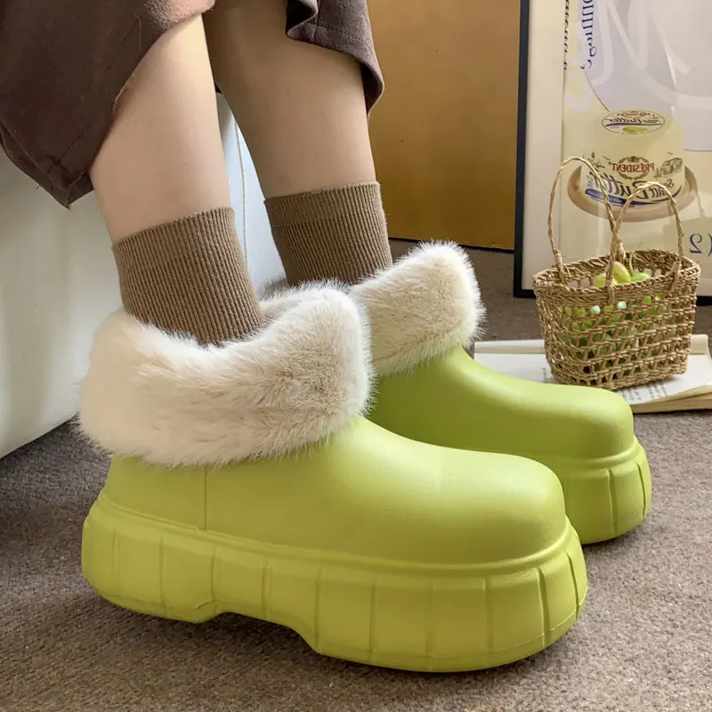 

Bebealy New Winter Plush Boots Women New Fashion Waterproof Furry Cotton Shoes Outdoor Cozy Fuzzy Shoes Thick Sole Cotton Slides