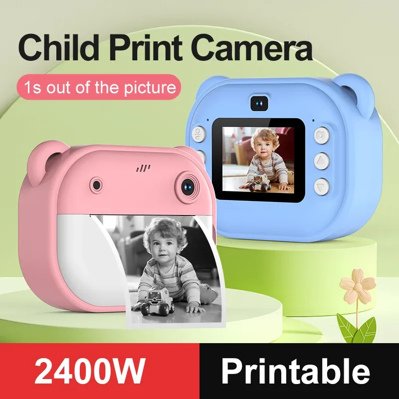 Children 1080P HD Digital Cartoon Bear Camera with Instant Photo Printing Thermal Print Kids Toy Camera Includes 32G Memory Card