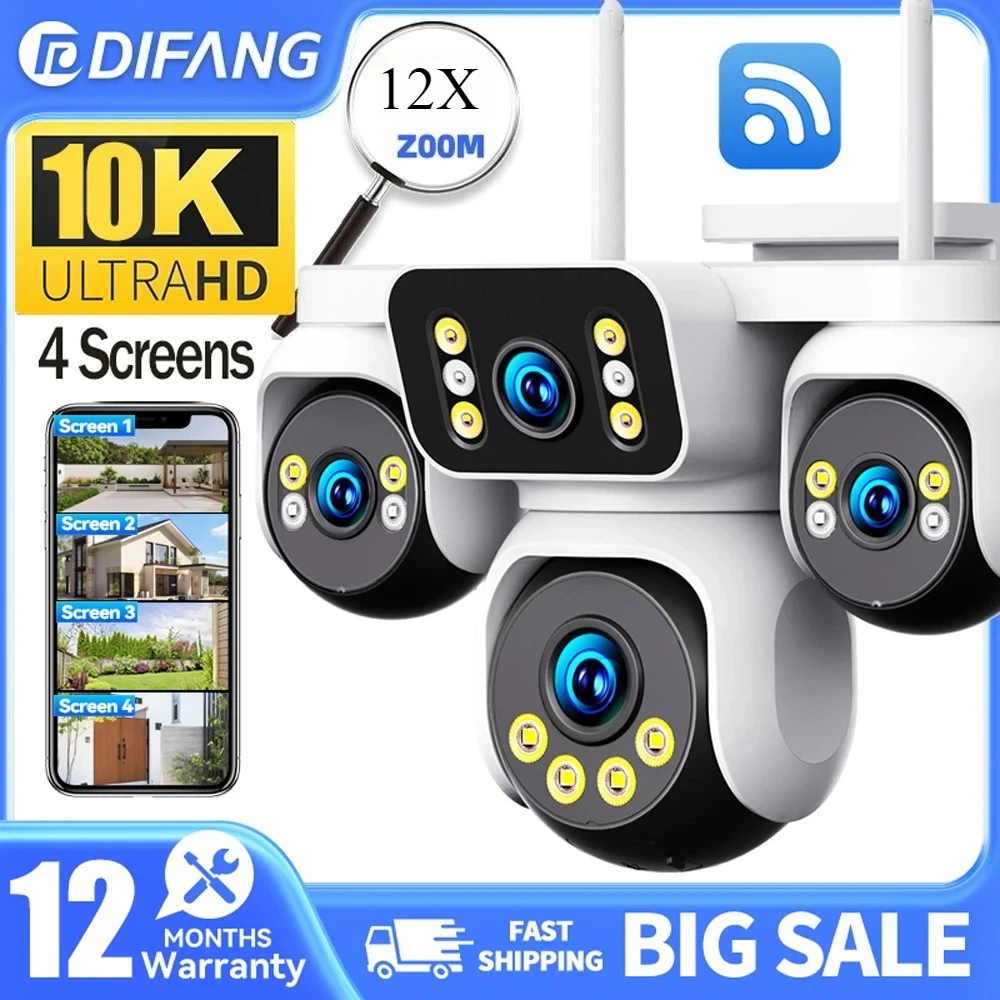 

DIFANG Stunning 4 Screen View Security Camera! 20MP Crystal Clear, 12X Zoom, WiFi Outdoor Mini Cam with Spotlight & Siren Alarm,