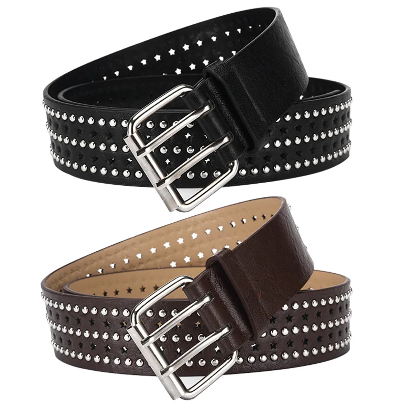 

Personalized Hip Hop Punch Bead Belt For Women Multi-layer Riveted Pentagram Pu Leather Belt Spice Girls Everyday Versatile Belt