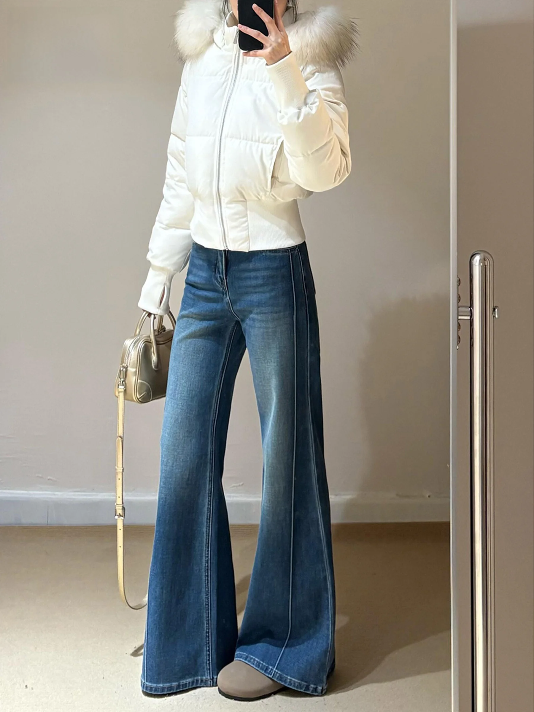 

Синие джинсы-клеш с высокой талией на флисовой подкладке, женские летние облегающие эластичные повседневные модные джинсы в американском стиле