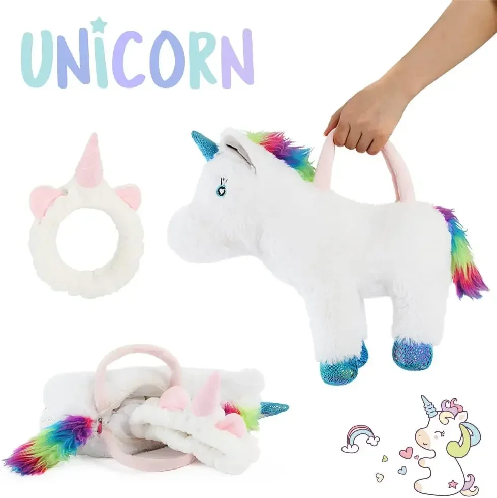 

16" White Rainbow Mane Unicorn Toys Handbag - Soft Fluffy Unicorn Plush with a Unicorn Headband as Gifts